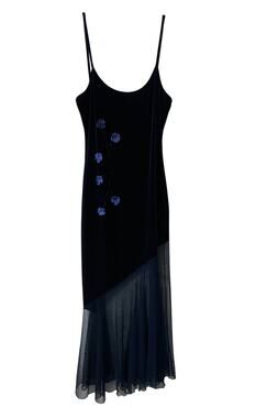 Shirley of Hollywood VTG Y2K Whimsigoth Navy Blue Velour Velvet Slip Dress L